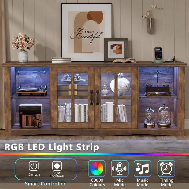 Alt view image 3 of 7 - Farmhouse TV Stand, 58 Inch TV Stand for Living Room with Glass Doors, Fast Charge USB Hub & Adjustable LED Lights, Rustic TV Cabinet for TV up to 65 inch (Rustic Brown)