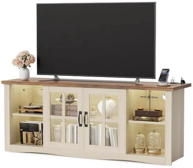Main image of Farmhouse TV Stand, 58 Inch TV Stand for Living Room with Glass Doors, Fast Charge USB Hub & Adjustable LED Lights, Rustic TV Cabinet for TV up to 65 inch (Natural Oak)