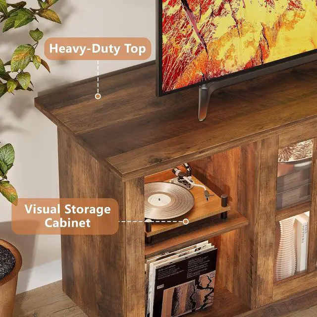 Alt view image 5 of 7 - Farmhouse TV Stand, 58 Inch TV Stand for Living Room with Glass Doors, Fast Charge USB Hub & Adjustable LED Lights, Rustic TV Cabinet for TV up to 65 inch (Rustic Brown)