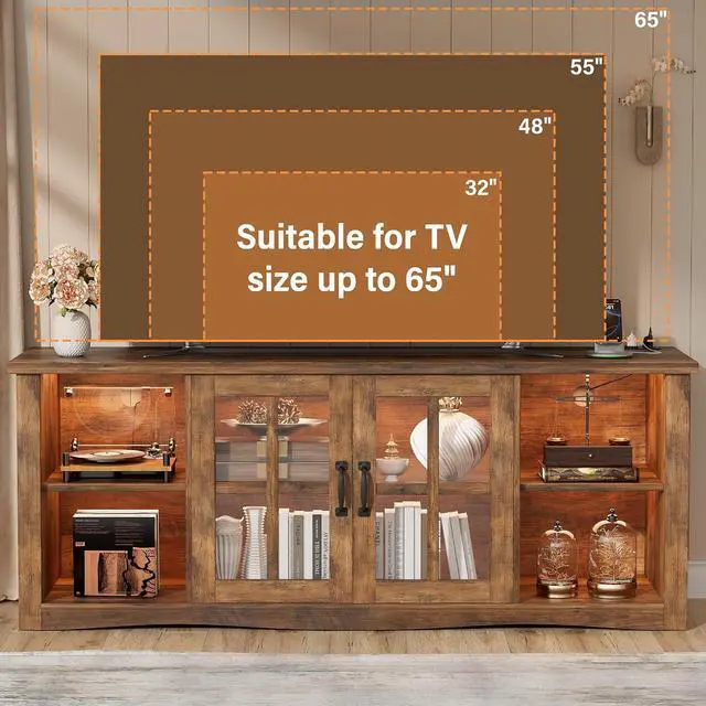 Alt view image 7 of 7 - Farmhouse TV Stand, 58 Inch TV Stand for Living Room with Glass Doors, Fast Charge USB Hub & Adjustable LED Lights, Rustic TV Cabinet for TV up to 65 inch (Rustic Brown)