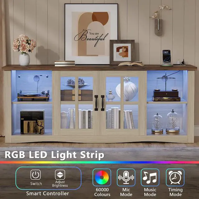 Alt view image 4 of 7 - Farmhouse TV Stand, 58 Inch TV Stand for Living Room with Glass Doors, Fast Charge USB Hub & Adjustable LED Lights, Rustic TV Cabinet for TV up to 65 inch (Natural Oak)