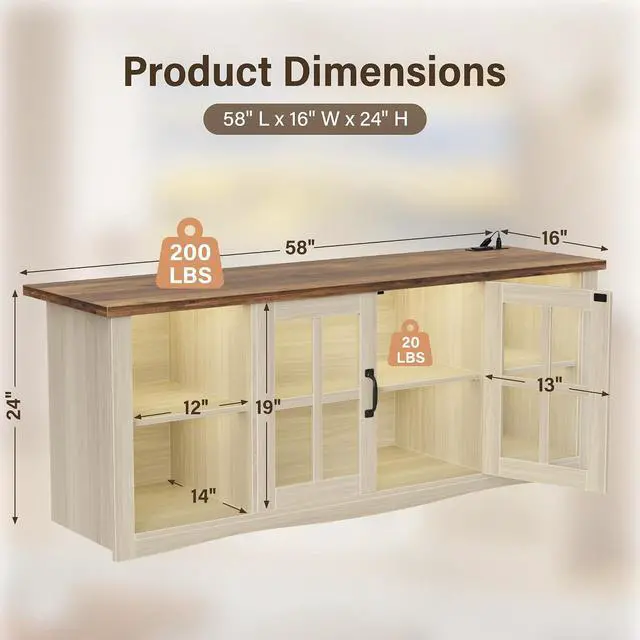 Alt view image 3 of 7 - Farmhouse TV Stand, 58 Inch TV Stand for Living Room with Glass Doors, Fast Charge USB Hub & Adjustable LED Lights, Rustic TV Cabinet for TV up to 65 inch (Natural Oak)