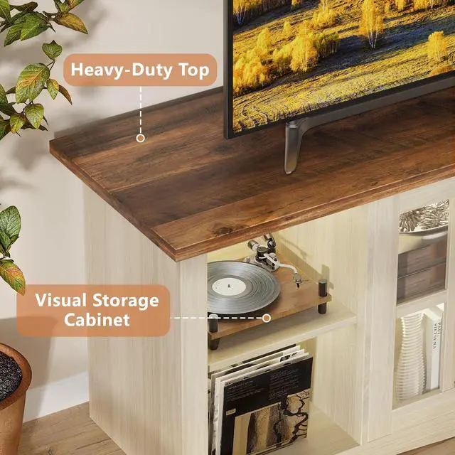 Alt view image 6 of 7 - Farmhouse TV Stand, 58 Inch TV Stand for Living Room with Glass Doors, Fast Charge USB Hub & Adjustable LED Lights, Rustic TV Cabinet for TV up to 65 inch (Natural Oak)