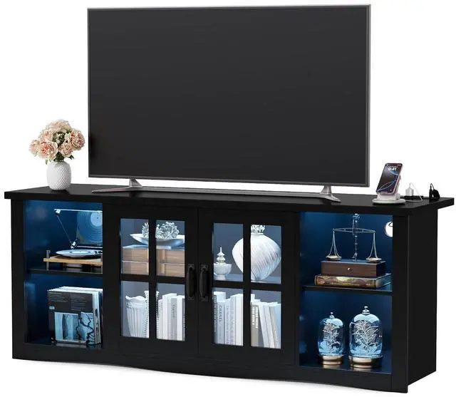 Main image of Farmhouse TV Stand, 58 Inch TV Stand for Living Room with Glass Doors, Fast Charge USB Hub & Adjustable LED Lights, Rustic TV Cabinet for TV up to 65 inch (Black)