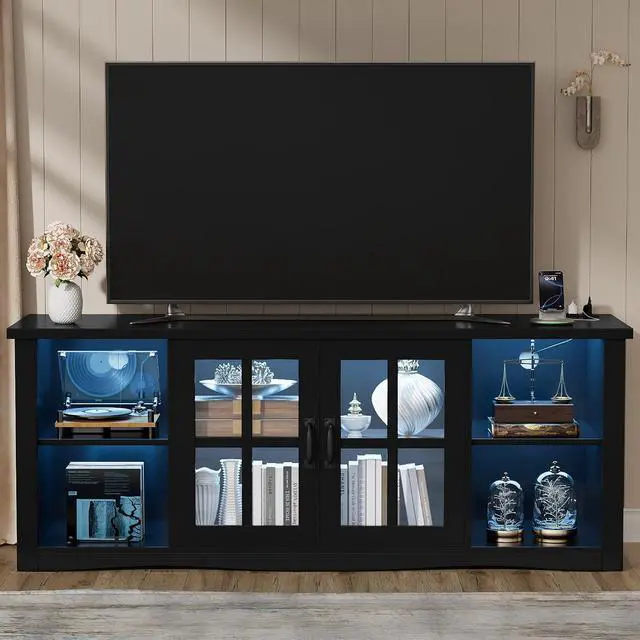 Alt view image 2 of 7 - Farmhouse TV Stand, 58 Inch TV Stand for Living Room with Glass Doors, Fast Charge USB Hub & Adjustable LED Lights, Rustic TV Cabinet for TV up to 65 inch (Black)