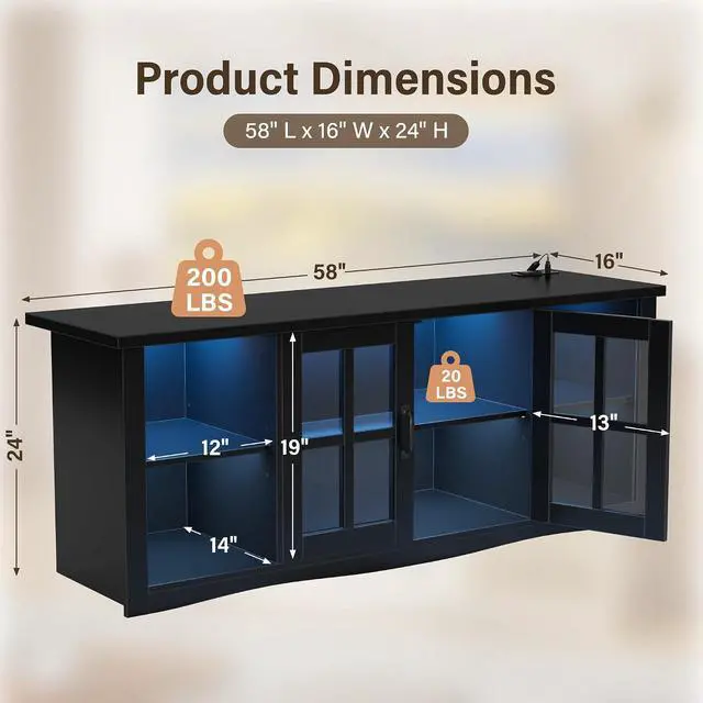 Alt view image 3 of 7 - Farmhouse TV Stand, 58 Inch TV Stand for Living Room with Glass Doors, Fast Charge USB Hub & Adjustable LED Lights, Rustic TV Cabinet for TV up to 65 inch (Black)