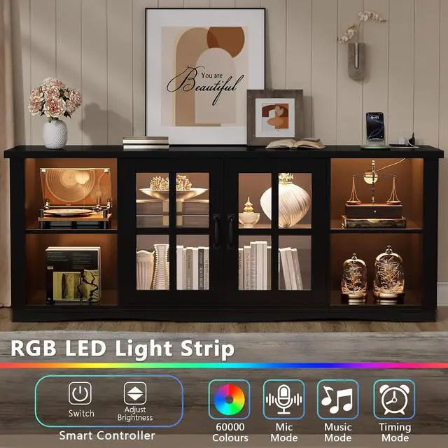 Alt view image 4 of 7 - Farmhouse TV Stand, 58 Inch TV Stand for Living Room with Glass Doors, Fast Charge USB Hub & Adjustable LED Lights, Rustic TV Cabinet for TV up to 65 inch (Black)