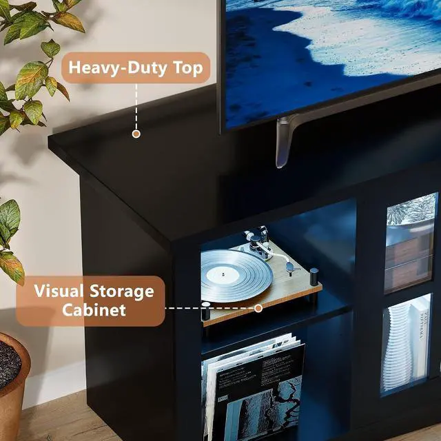 Alt view image 7 of 7 - Farmhouse TV Stand, 58 Inch TV Stand for Living Room with Glass Doors, Fast Charge USB Hub & Adjustable LED Lights, Rustic TV Cabinet for TV up to 65 inch (Black)