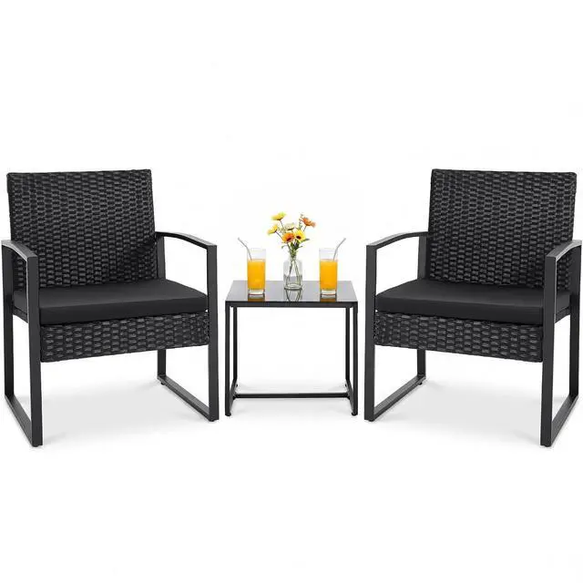 Main image of 3 Pieces Outdoor Patio Wicker Furniture Set, Modern Rattan Chair Conversation Sets with Coffee Table for Yard and Bistro (Black)