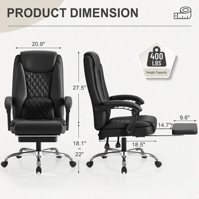 Alt view image 3 of 7 - Executive Home Office Chair with Lumbar Support,400lbs Adjustable Ergonomic High Back Office Chair Reclining Managerial Chair for Home Office (Black)