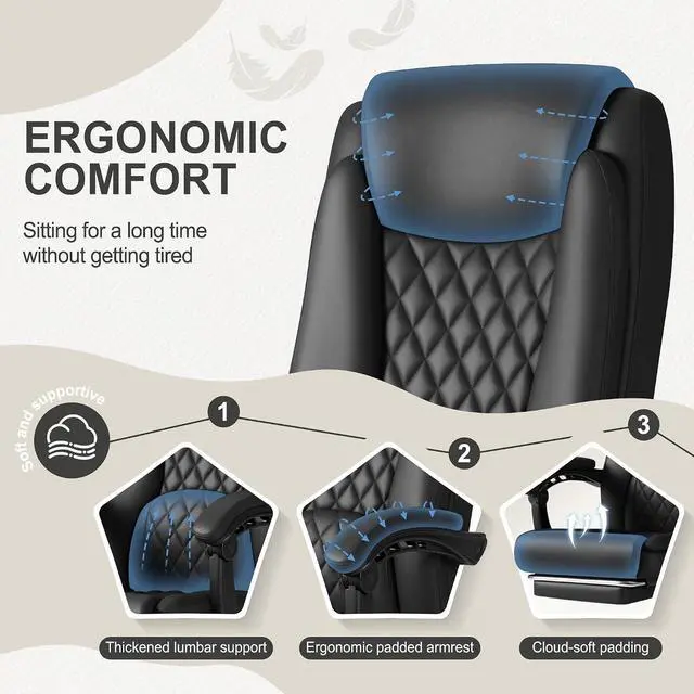 Alt view image 4 of 7 - Executive Home Office Chair with Lumbar Support,400lbs Adjustable Ergonomic High Back Office Chair Reclining Managerial Chair for Home Office (Black)