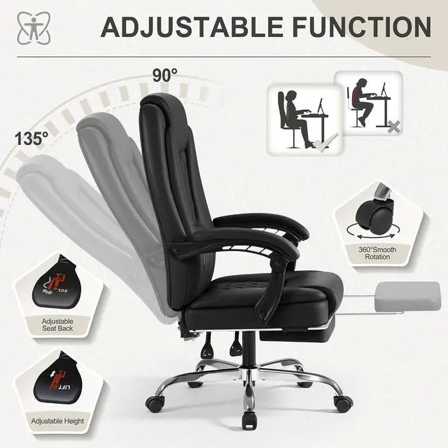 Alt view image 7 of 7 - Executive Home Office Chair with Lumbar Support,400lbs Adjustable Ergonomic High Back Office Chair Reclining Managerial Chair for Home Office (Black)