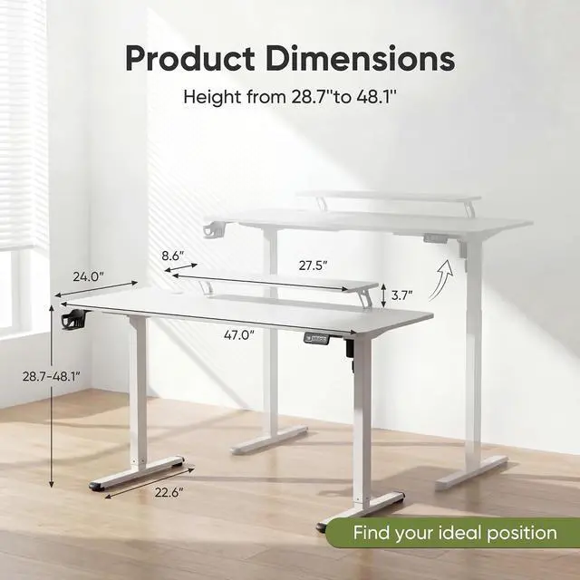Alt view image 3 of 7 - Electric Standing Desk, 47 x 24 Inches Sit Stand up Desk, Sit Stand Height Adjustable Home Office Desk with Monitor Stand (White, 47)