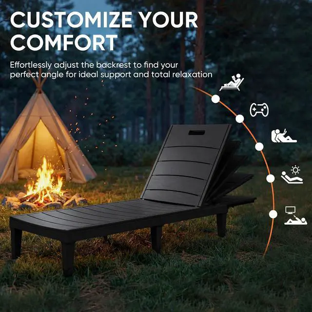 Alt view image 5 of 7 - Patio Chaise Lounge Chairs Set of 2, Outdoor Lightweight Lounge Chairs, 5 Position Adjustments Backrest for Outside Pool, Garden, Patio and Beach, Black