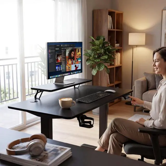 Alt view image 2 of 7 - Electric Standing Desk, 47 x 24 Inches Sit Stand up Desk, Sit Stand Height Adjustable Home Office Desk with Monitor Stand (Black, 47)