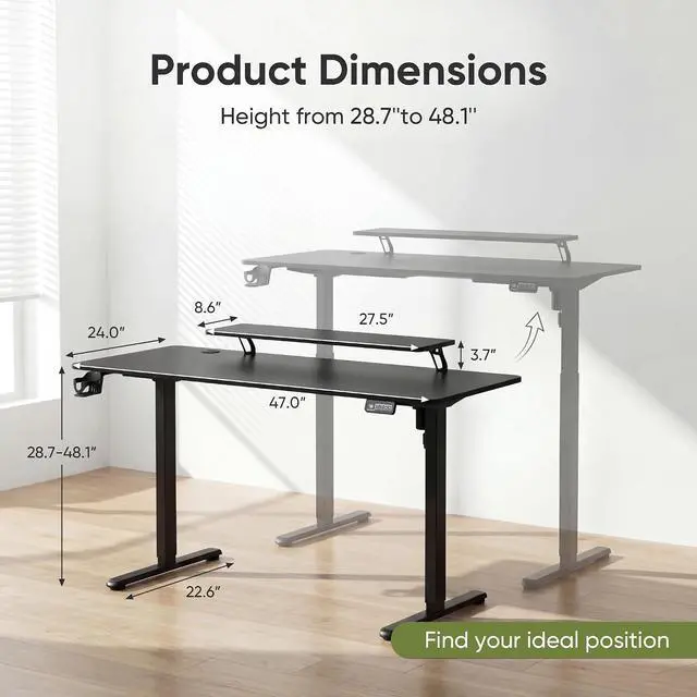 Alt view image 3 of 7 - Electric Standing Desk, 47 x 24 Inches Sit Stand up Desk, Sit Stand Height Adjustable Home Office Desk with Monitor Stand (Black, 47)