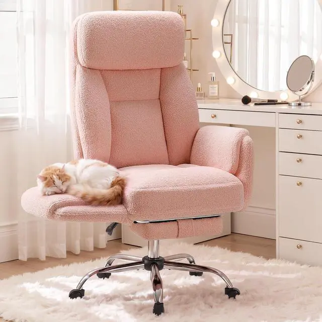 Main image of Big and Tall Gaming Chair, Ergonomic Office Chair with footrest, 180°Flip Armrests Gaming Chair Criss Cross Legged, Wide Seat Reclining Vanity Chair (Teddy Fabric, Pink)