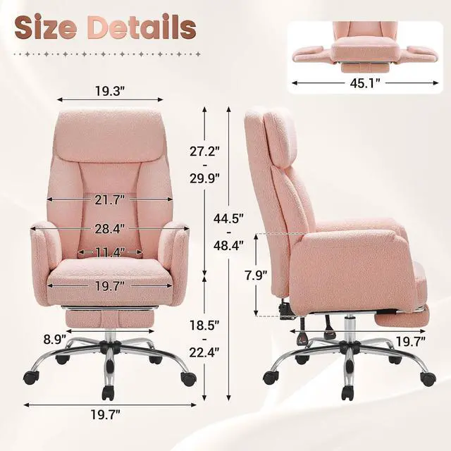 Alt view image 2 of 7 - Big and Tall Gaming Chair, Ergonomic Office Chair with footrest, 180°Flip Armrests Gaming Chair Criss Cross Legged, Wide Seat Reclining Vanity Chair (Teddy Fabric, Pink)