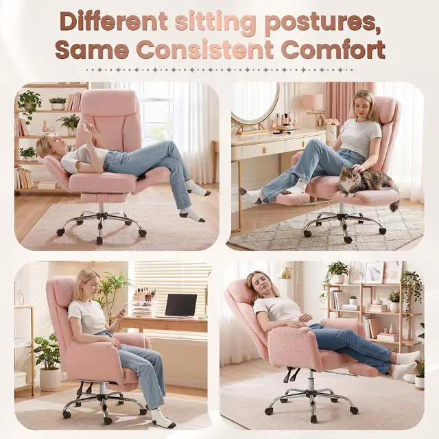 Alt view image 3 of 7 - Big and Tall Gaming Chair, Ergonomic Office Chair with footrest, 180°Flip Armrests Gaming Chair Criss Cross Legged, Wide Seat Reclining Vanity Chair (Teddy Fabric, Pink)