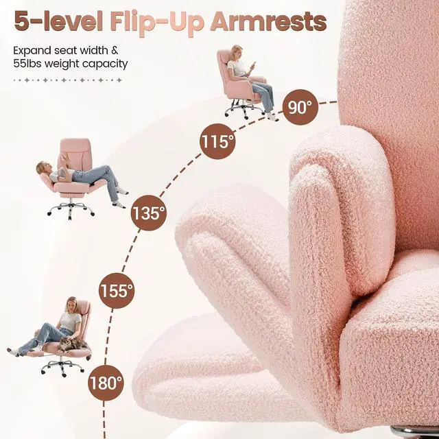 Alt view image 4 of 7 - Big and Tall Gaming Chair, Ergonomic Office Chair with footrest, 180°Flip Armrests Gaming Chair Criss Cross Legged, Wide Seat Reclining Vanity Chair (Teddy Fabric, Pink)