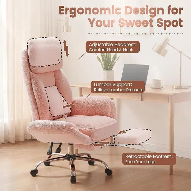 Alt view image 5 of 7 - Big and Tall Gaming Chair, Ergonomic Office Chair with footrest, 180°Flip Armrests Gaming Chair Criss Cross Legged, Wide Seat Reclining Vanity Chair (Teddy Fabric, Pink)