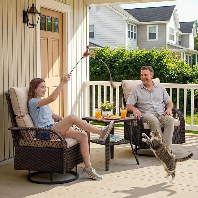 Alt view image 2 of 7 - Patio Furniture Set Outdoor 3 Pieces Wicker Swivel Rocking Chairs Set of 2 with Coffee Table, Patio Conversation Set for Porch, Balcony, Deck, Garden (Brown)