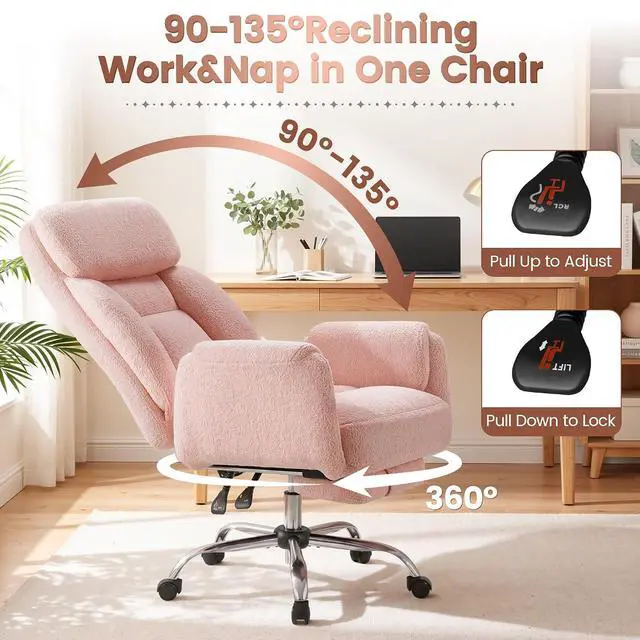 Alt view image 7 of 7 - Big and Tall Gaming Chair, Ergonomic Office Chair with footrest, 180°Flip Armrests Gaming Chair Criss Cross Legged, Wide Seat Reclining Vanity Chair (Teddy Fabric, Pink)