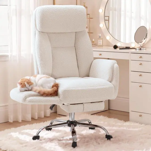 Main image of Big and Tall Gaming Chair, Ergonomic Office Chair with footrest, 180°Flip Armrests Gaming Chair Criss Cross Legged, Wide Seat Reclining Vanity Chair (Teddy Fabric, White)