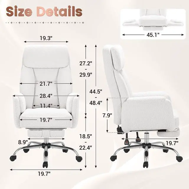Alt view image 2 of 7 - Big and Tall Gaming Chair, Ergonomic Office Chair with footrest, 180°Flip Armrests Gaming Chair Criss Cross Legged, Wide Seat Reclining Vanity Chair (Teddy Fabric, White)