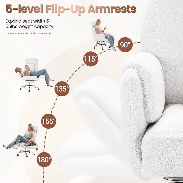 Alt view image 4 of 7 - Big and Tall Gaming Chair, Ergonomic Office Chair with footrest, 180°Flip Armrests Gaming Chair Criss Cross Legged, Wide Seat Reclining Vanity Chair (Teddy Fabric, White)