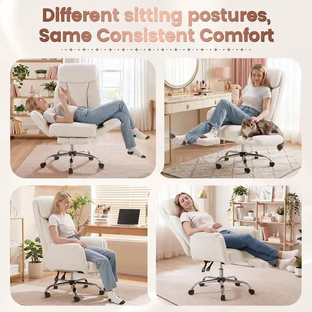 Alt view image 3 of 7 - Big and Tall Gaming Chair, Ergonomic Office Chair with footrest, 180°Flip Armrests Gaming Chair Criss Cross Legged, Wide Seat Reclining Vanity Chair (Teddy Fabric, White)