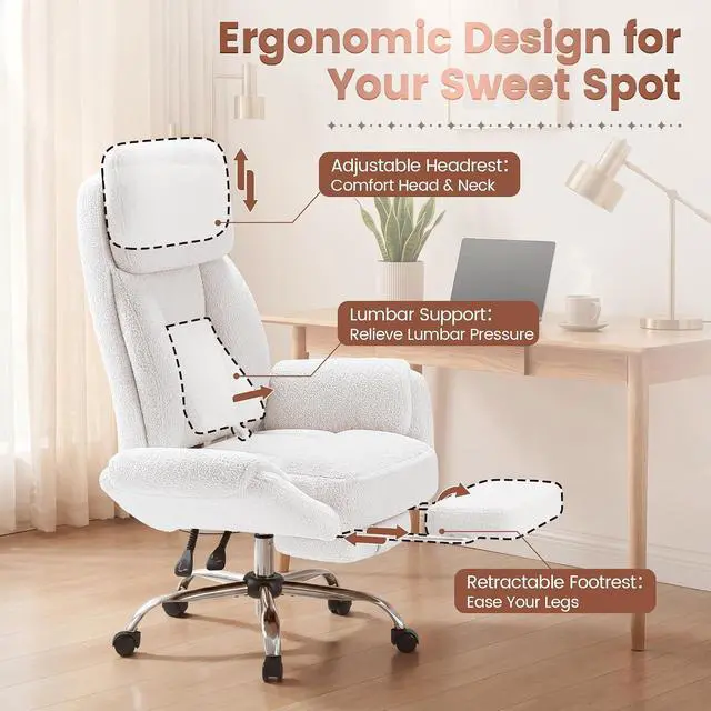 Alt view image 5 of 7 - Big and Tall Gaming Chair, Ergonomic Office Chair with footrest, 180°Flip Armrests Gaming Chair Criss Cross Legged, Wide Seat Reclining Vanity Chair (Teddy Fabric, White)
