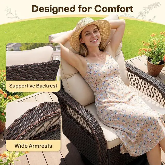 Alt view image 4 of 7 - Patio Furniture Set Outdoor 3 Pieces Wicker Swivel Rocking Chairs Set of 2 with Coffee Table, Patio Conversation Set for Porch, Balcony, Deck, Garden (Brown)