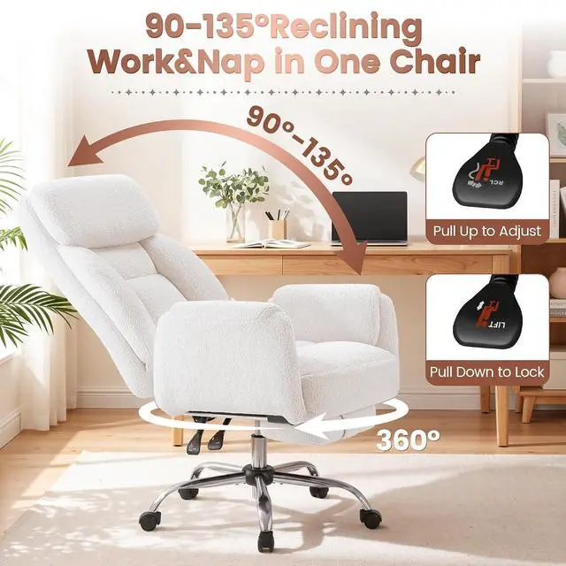Alt view image 7 of 7 - Big and Tall Gaming Chair, Ergonomic Office Chair with footrest, 180°Flip Armrests Gaming Chair Criss Cross Legged, Wide Seat Reclining Vanity Chair (Teddy Fabric, White)