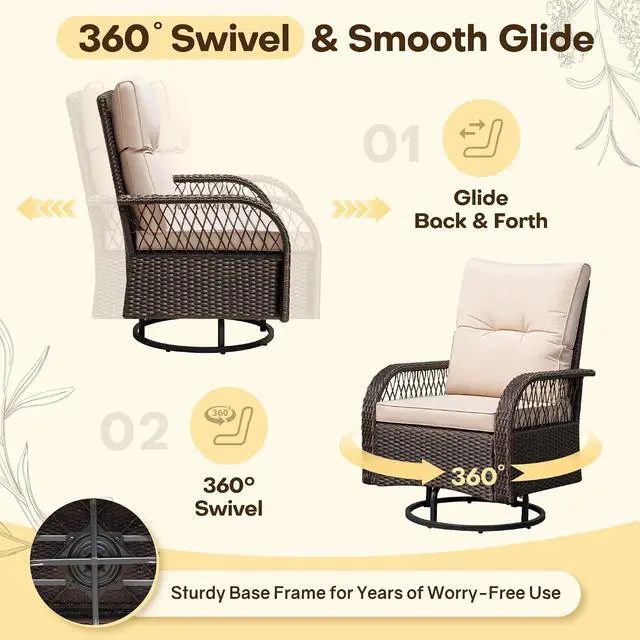 Alt view image 3 of 7 - Patio Furniture Set Outdoor 3 Pieces Wicker Swivel Rocking Chairs Set of 2 with Coffee Table, Patio Conversation Set for Porch, Balcony, Deck, Garden (Brown)