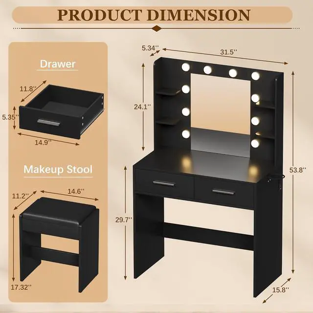 Alt view image 7 of 7 - Make up Vanity Desk with Mirror and Power Outlet, Vanity with 3 Color Light Options Adjustable Brightness,Vanity Desk with 2 Drawers, 6 Storage Shelves (Black, with Bench)