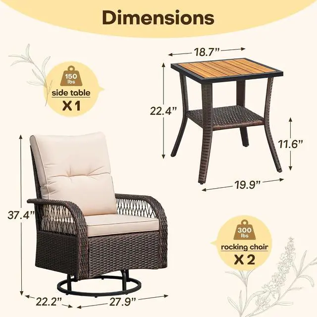Alt view image 7 of 7 - Patio Furniture Set Outdoor 3 Pieces Wicker Swivel Rocking Chairs Set of 2 with Coffee Table, Patio Conversation Set for Porch, Balcony, Deck, Garden (Brown)