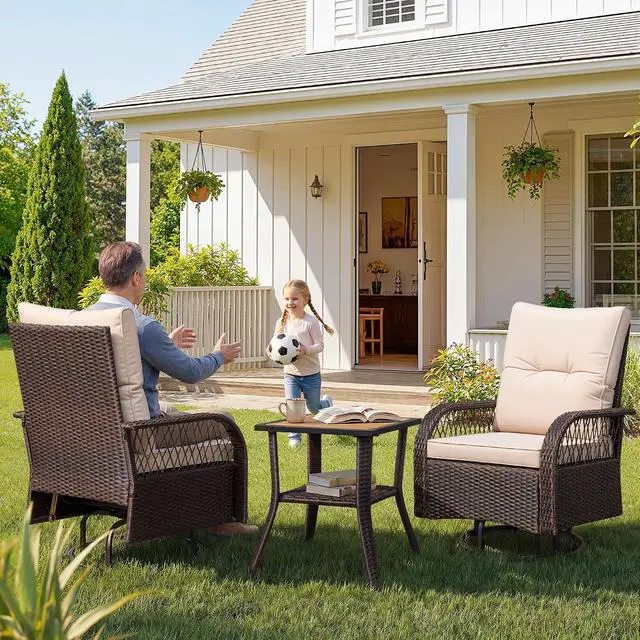 Alt view image 6 of 7 - Patio Furniture Set Outdoor 3 Pieces Wicker Swivel Rocking Chairs Set of 2 with Coffee Table, Patio Conversation Set for Porch, Balcony, Deck, Garden (Brown)