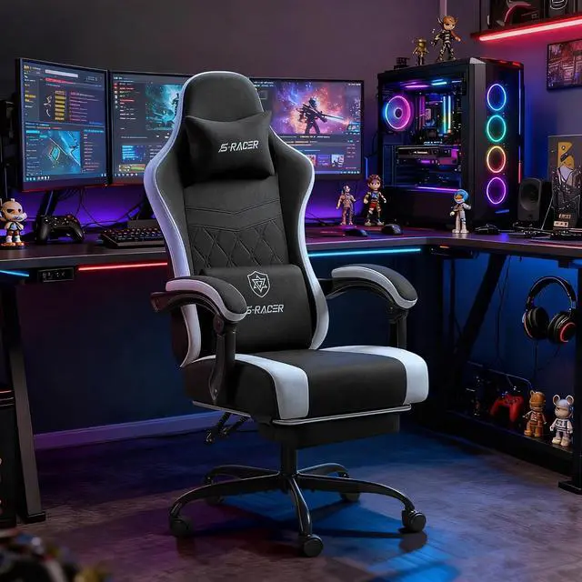 Alt view image 2 of 7 - Gaming Chair with Massage & Footrest, Ergonomic Computer Office Chair, High-Back Racing Style Reclining Chair with Adjustable Lumbar Support, Breathable Tech Fabric for Adults (Black)