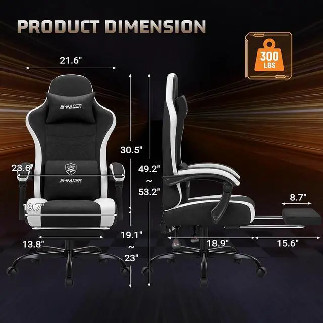 Alt view image 3 of 7 - Gaming Chair with Massage & Footrest, Ergonomic Computer Office Chair, High-Back Racing Style Reclining Chair with Adjustable Lumbar Support, Breathable Tech Fabric for Adults (Black)