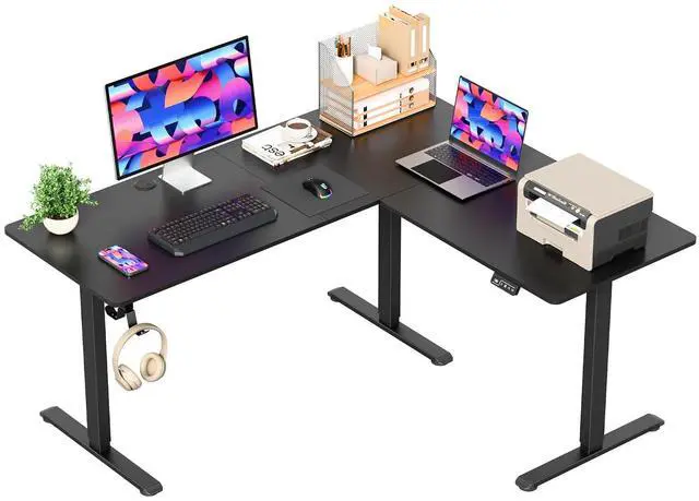 Main image of 63 x 55 Inch L Shaped Standing Desk with 2 Preset Heights, Electric Height Adjustable Computer Table, 2 Hooks & Feet Balance, Corner Sit Stand Desk for Home Office (Black, 63 x 55 Inch)