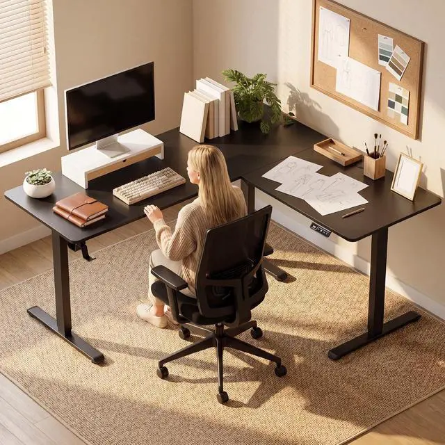 Alt view image 2 of 7 - 63 x 55 Inch L Shaped Standing Desk with 2 Preset Heights, Electric Height Adjustable Computer Table, 2 Hooks & Feet Balance, Corner Sit Stand Desk for Home Office (Black, 63 x 55 Inch)