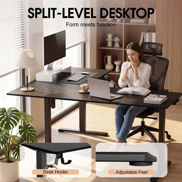 Alt view image 4 of 7 - 63 x 55 Inch L Shaped Standing Desk with 2 Preset Heights, Electric Height Adjustable Computer Table, 2 Hooks & Feet Balance, Corner Sit Stand Desk for Home Office (Black, 63 x 55 Inch)