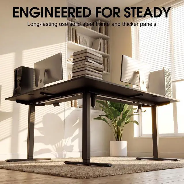 Alt view image 3 of 7 - 63 x 55 Inch L Shaped Standing Desk with 2 Preset Heights, Electric Height Adjustable Computer Table, 2 Hooks & Feet Balance, Corner Sit Stand Desk for Home Office (Black, 63 x 55 Inch)