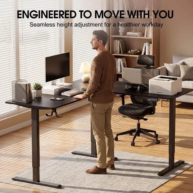 Alt view image 6 of 7 - 63 x 55 Inch L Shaped Standing Desk with 2 Preset Heights, Electric Height Adjustable Computer Table, 2 Hooks & Feet Balance, Corner Sit Stand Desk for Home Office (Black, 63 x 55 Inch)