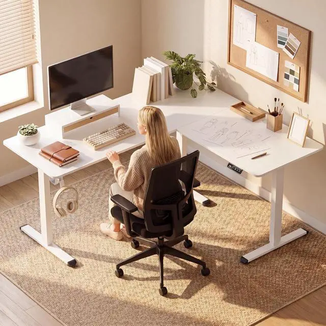 Alt view image 2 of 6 - 63 x 55 Inch L Shaped Standing Desk with 2 Preset Heights, Electric Height Adjustable Computer Table, 2 Hooks & Feet Balance, Corner Sit Stand Desk for Home Office (White, 63 x 55 Inch)