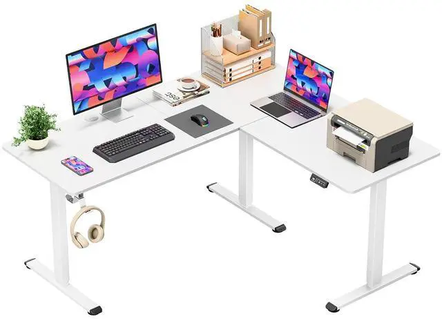 Main image of 63 x 55 Inch L Shaped Standing Desk with 2 Preset Heights, Electric Height Adjustable Computer Table, 2 Hooks & Feet Balance, Corner Sit Stand Desk for Home Office (White, 63 x 55 Inch)