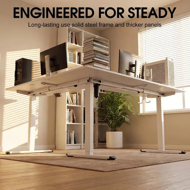 Alt view image 3 of 6 - 63 x 55 Inch L Shaped Standing Desk with 2 Preset Heights, Electric Height Adjustable Computer Table, 2 Hooks & Feet Balance, Corner Sit Stand Desk for Home Office (White, 63 x 55 Inch)