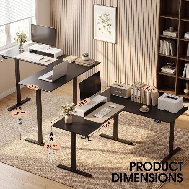 Alt view image 7 of 7 - 63 x 55 Inch L Shaped Standing Desk with 2 Preset Heights, Electric Height Adjustable Computer Table, 2 Hooks & Feet Balance, Corner Sit Stand Desk for Home Office (Black, 63 x 55 Inch)