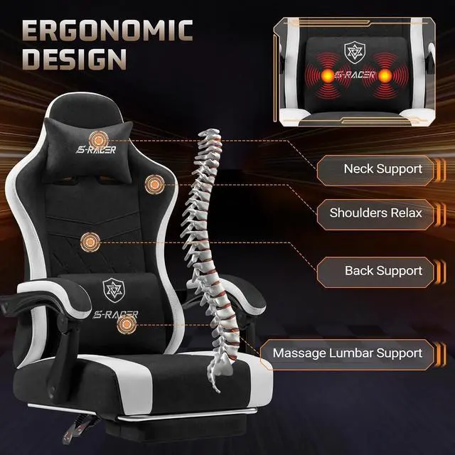 Alt view image 4 of 7 - Gaming Chair with Massage & Footrest, Ergonomic Computer Office Chair, High-Back Racing Style Reclining Chair with Adjustable Lumbar Support, Breathable Tech Fabric for Adults (Black)